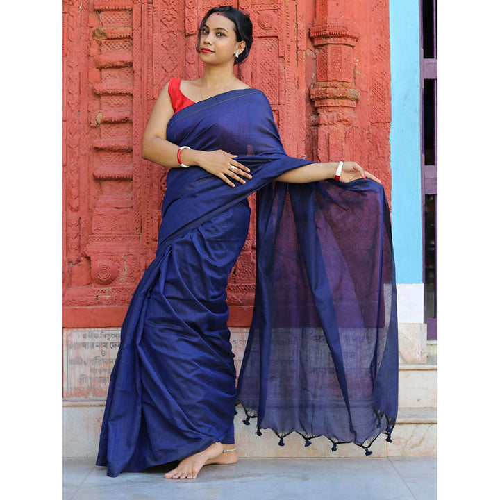 Odette Royal Blue Cotton Saree with Unstitched Blouse