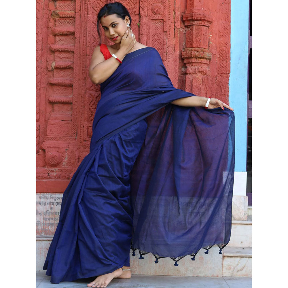 Odette Royal Blue Cotton Saree with Unstitched Blouse