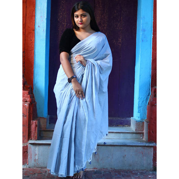 Odette Light Grey Cotton Saree with Unstitched Blouse