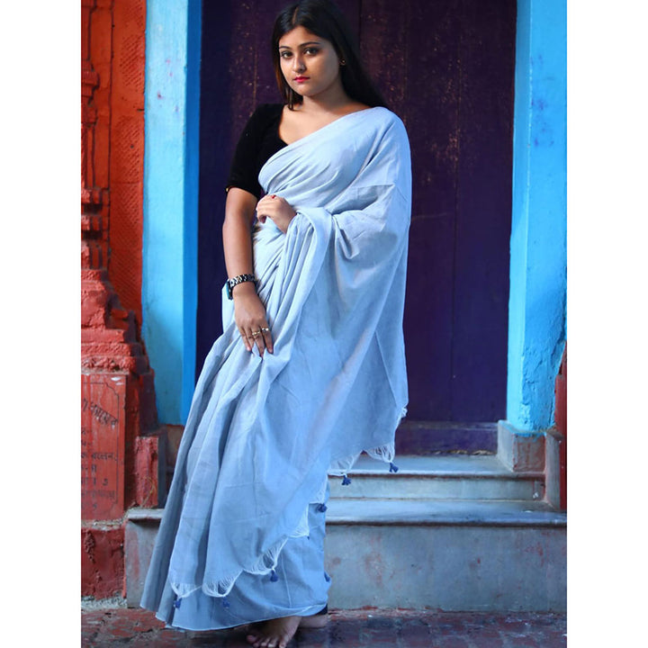 Odette Light Grey Cotton Saree with Unstitched Blouse