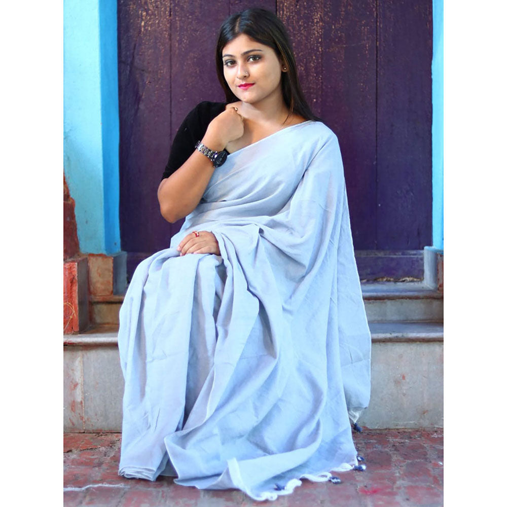 Odette Light Grey Cotton Saree with Unstitched Blouse