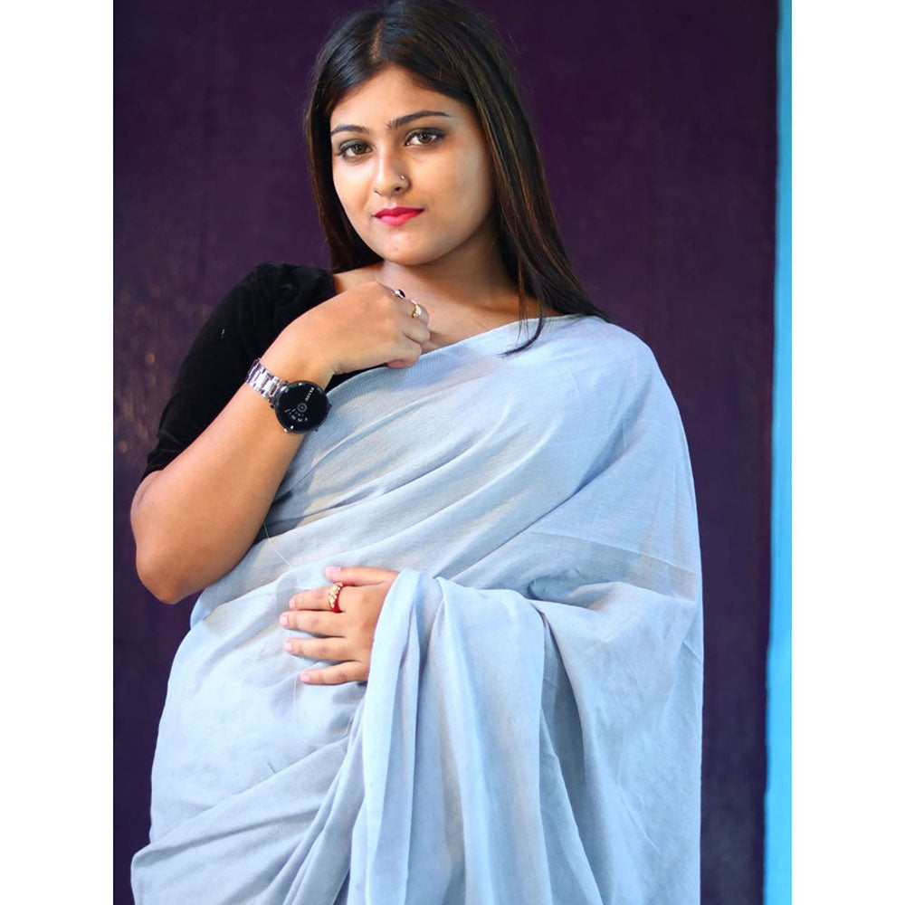 Odette Light Grey Cotton Saree with Unstitched Blouse