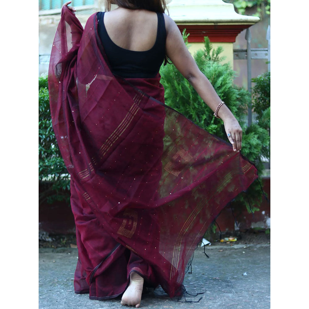 Odette Maroon Cotton Saree with Unstitched Blouse