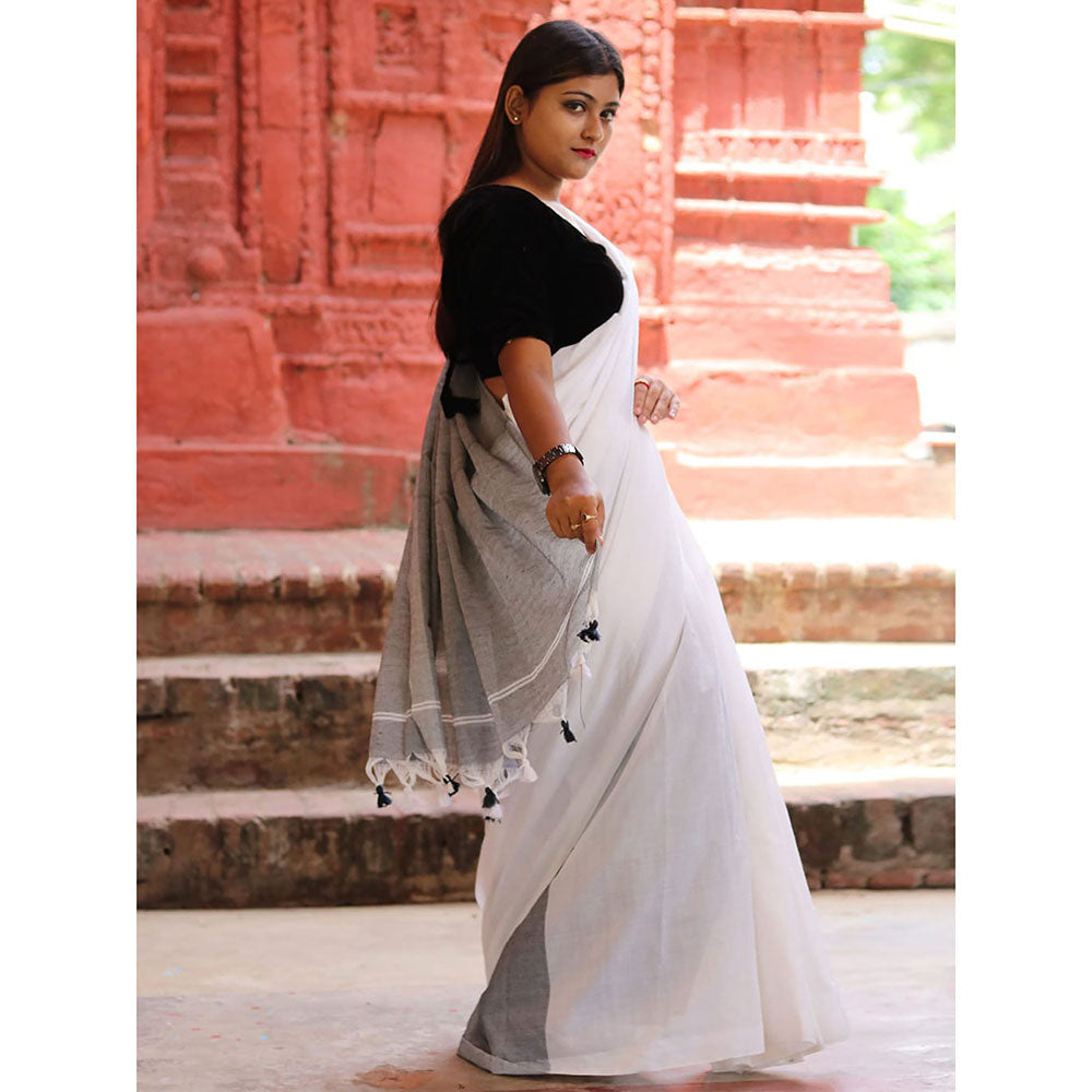 Odette White Cotton Saree with Unstitched Blouse