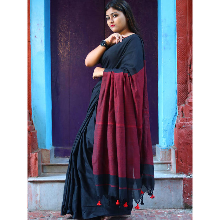 Odette Black Cotton Saree with Unstitched Blouse