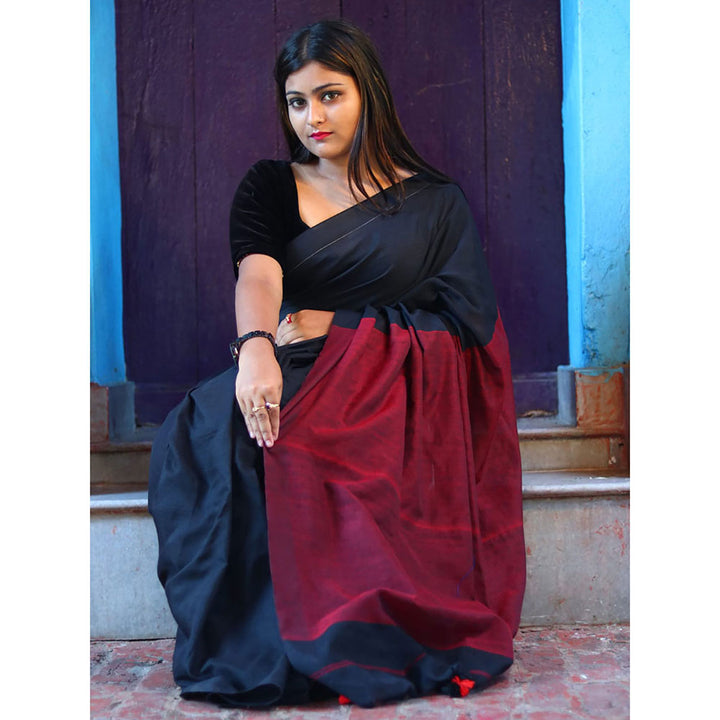 Odette Black Cotton Saree with Unstitched Blouse