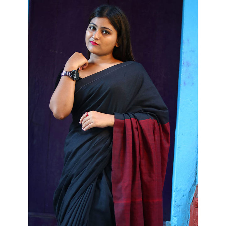 Odette Black Cotton Saree with Unstitched Blouse