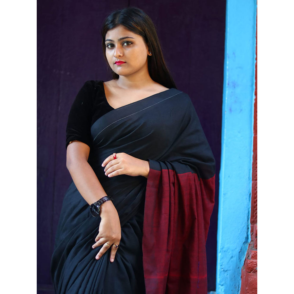 Odette Black Cotton Saree with Unstitched Blouse