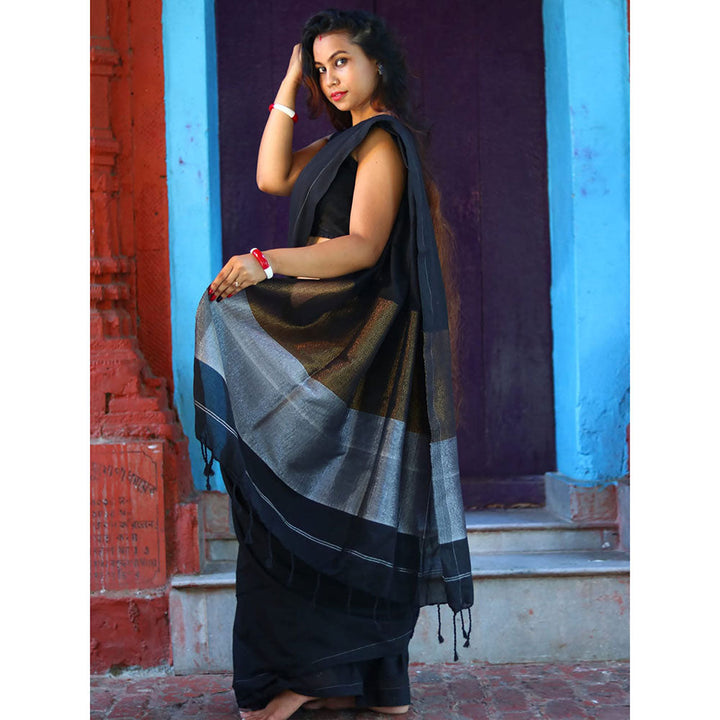 Odette Black Cotton Saree with Unstitched Blouse