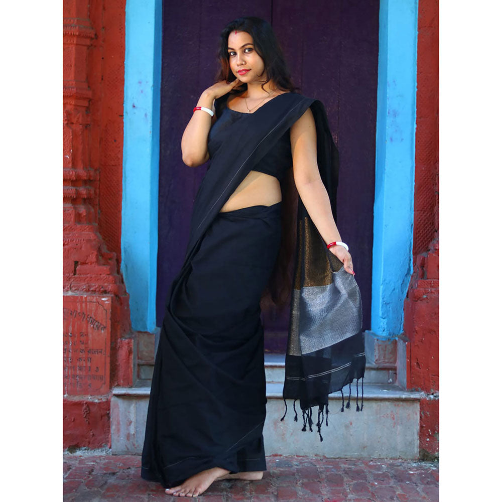 Odette Black Cotton Saree with Unstitched Blouse