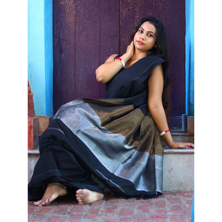 Odette Black Cotton Saree with Unstitched Blouse