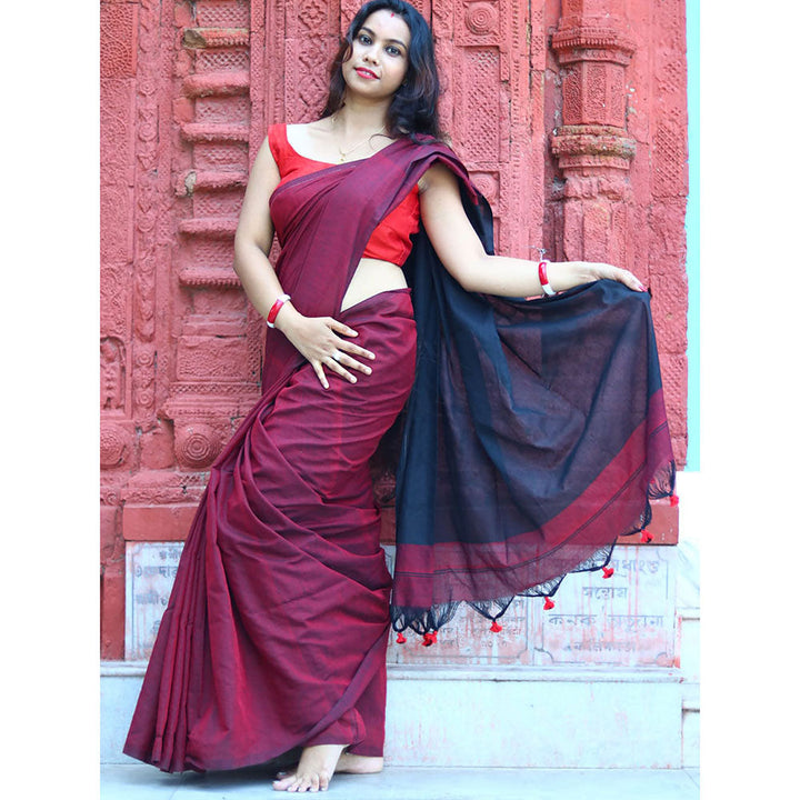 Odette Wine Cotton Saree with Unstitched Blouse