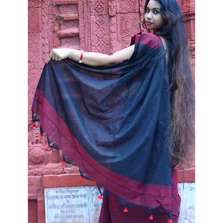 Odette Wine Cotton Saree with Unstitched Blouse