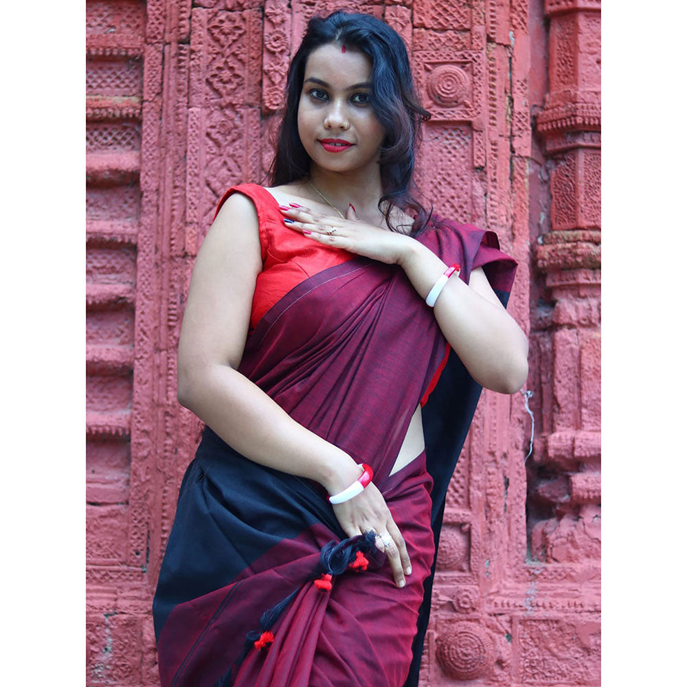 Odette Wine Cotton Saree with Unstitched Blouse