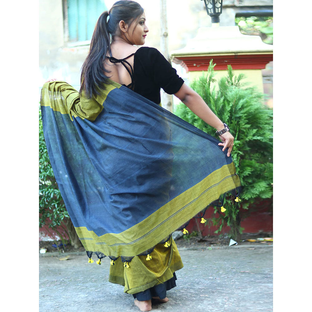 Odette Green Cotton Saree with Unstitched Blouse