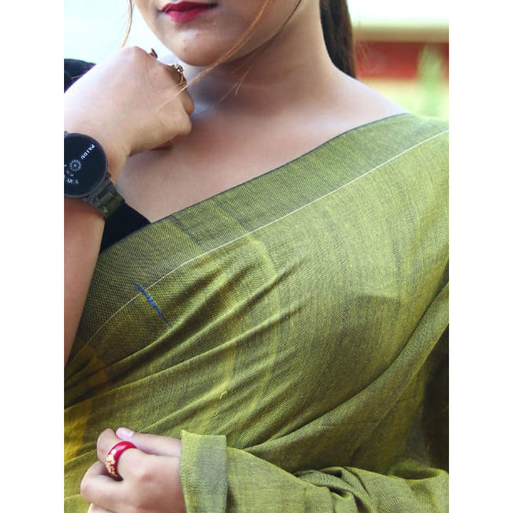 Odette Green Cotton Saree with Unstitched Blouse