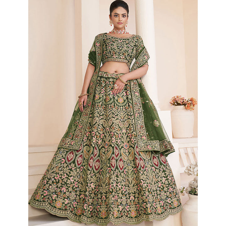 Odette Green Net Embroidered Semi Stitched Lehenga with Unstitched Blouse (Set of 3)