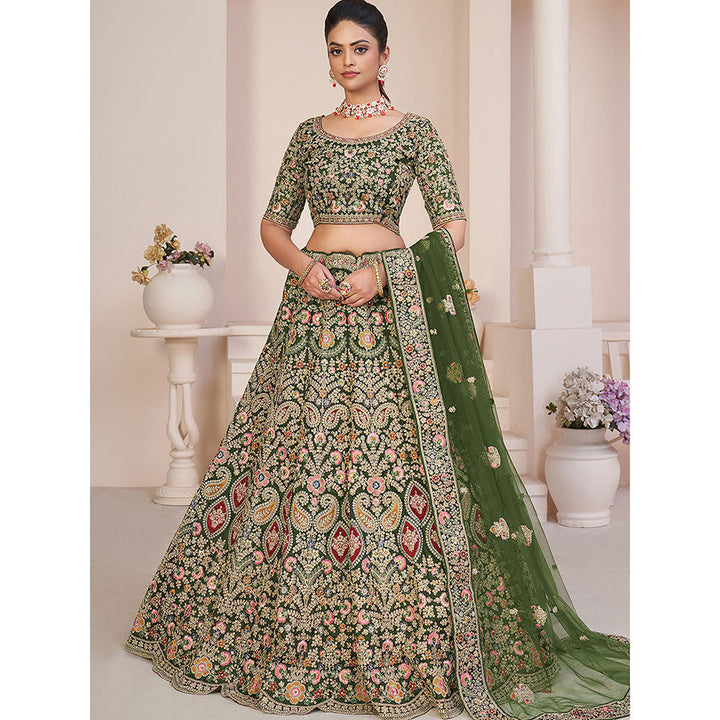 Odette Green Net Embroidered Semi Stitched Lehenga with Unstitched Blouse (Set of 3)