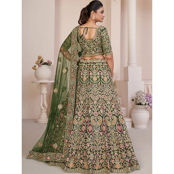 Odette Green Net Embroidered Semi Stitched Lehenga with Unstitched Blouse (Set of 3)