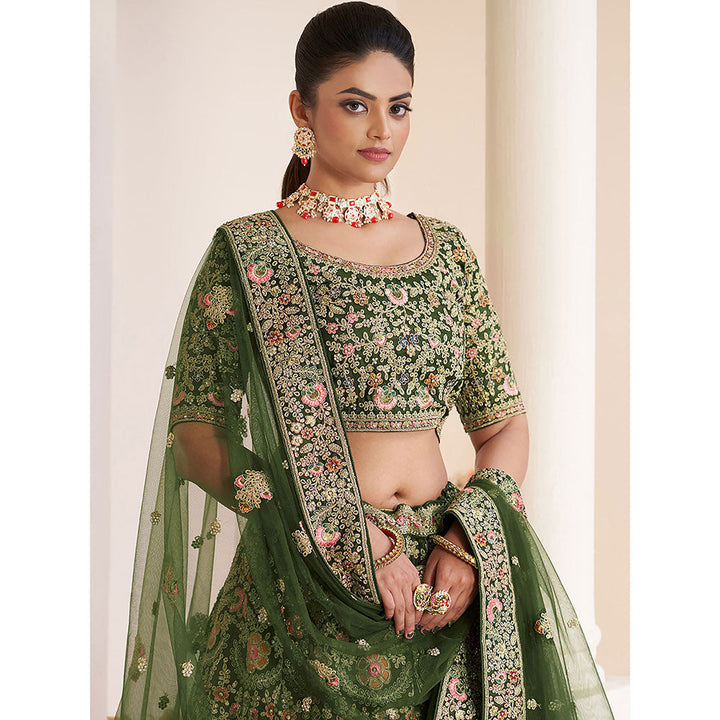 Odette Green Net Embroidered Semi Stitched Lehenga with Unstitched Blouse (Set of 3)