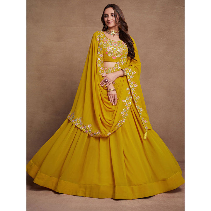 Odette Mustard Georgette Embroidered Semi Stitched Lehenga with Unstitched Blouse (Set of 3)