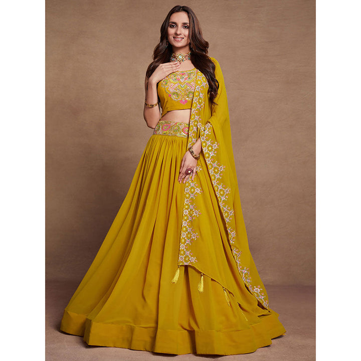 Odette Mustard Georgette Embroidered Semi Stitched Lehenga with Unstitched Blouse (Set of 3)