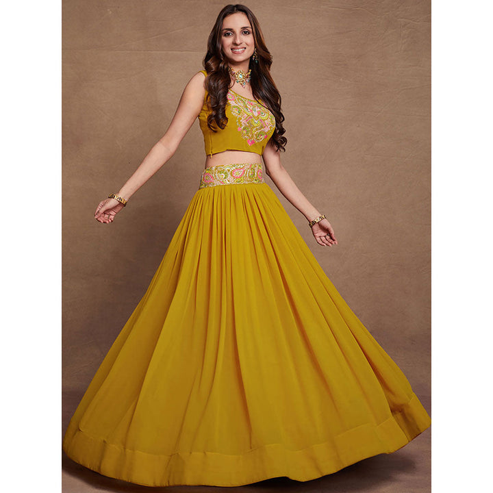 Odette Mustard Georgette Embroidered Semi Stitched Lehenga with Unstitched Blouse (Set of 3)