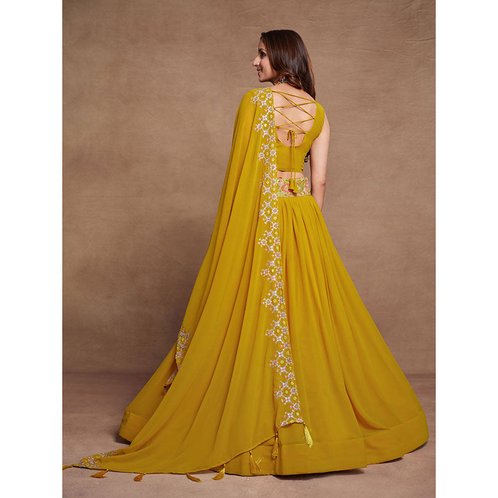 Odette Mustard Georgette Embroidered Semi Stitched Lehenga with Unstitched Blouse (Set of 3)