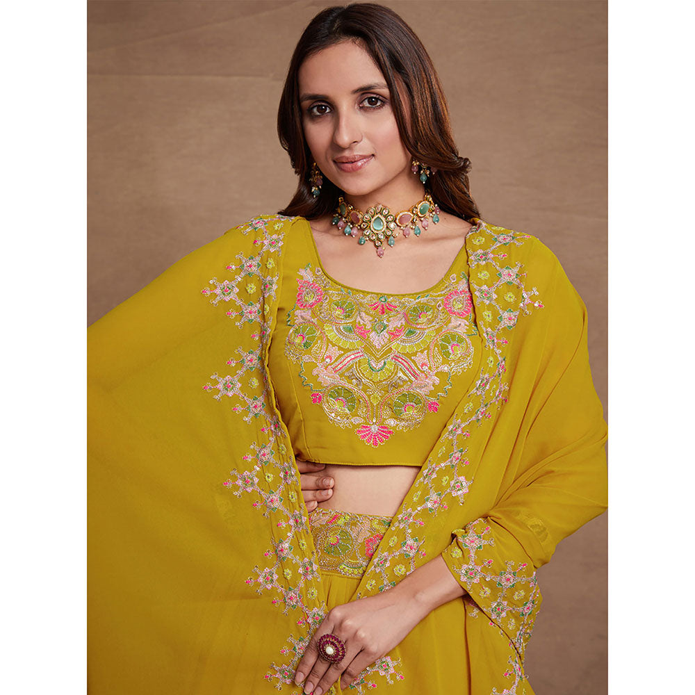 Odette Mustard Georgette Embroidered Semi Stitched Lehenga with Unstitched Blouse (Set of 3)