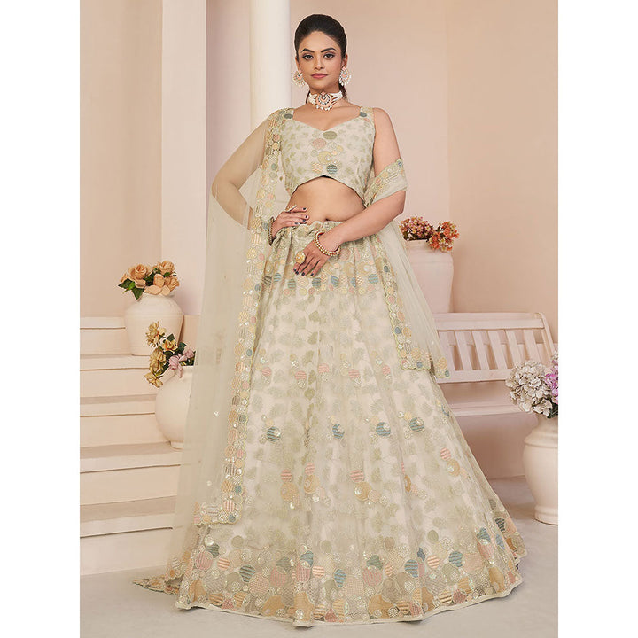 Odette Beige Net Embellished Semi Stitched Lehenga with Unstitched Blouse (Set of 3)