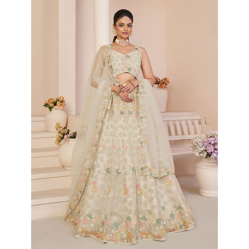 Odette Beige Net Embellished Semi Stitched Lehenga with Unstitched Blouse (Set of 3)