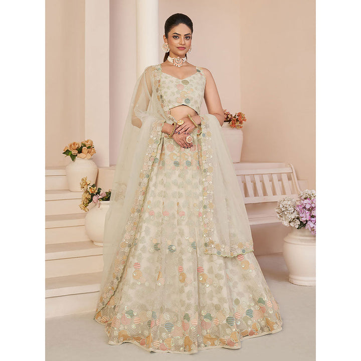 Odette Beige Net Embellished Semi Stitched Lehenga with Unstitched Blouse (Set of 3)