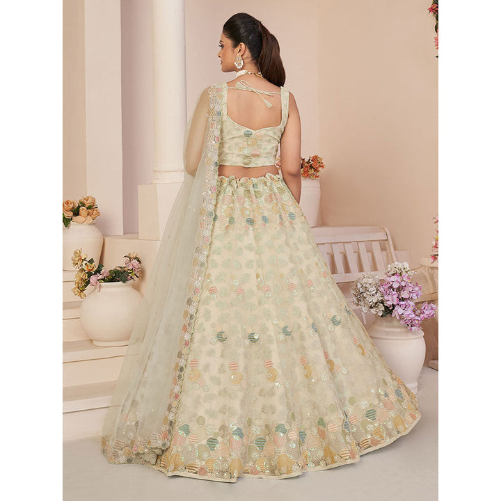 Odette Beige Net Embellished Semi Stitched Lehenga with Unstitched Blouse (Set of 3)