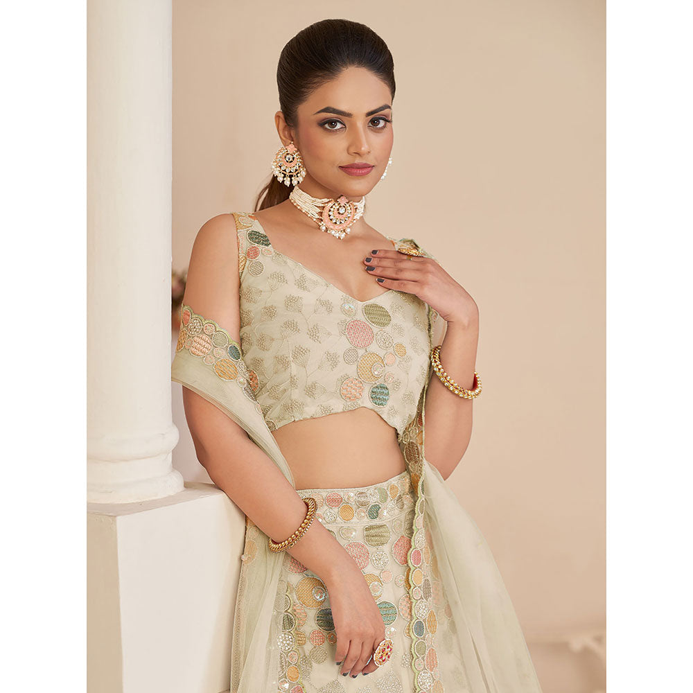 Odette Beige Net Embellished Semi Stitched Lehenga with Unstitched Blouse (Set of 3)