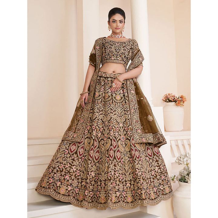 Odette Brown Organza Net Embroidered Semi Stitched Lehenga with Unstitched Blouse (Set of 3)