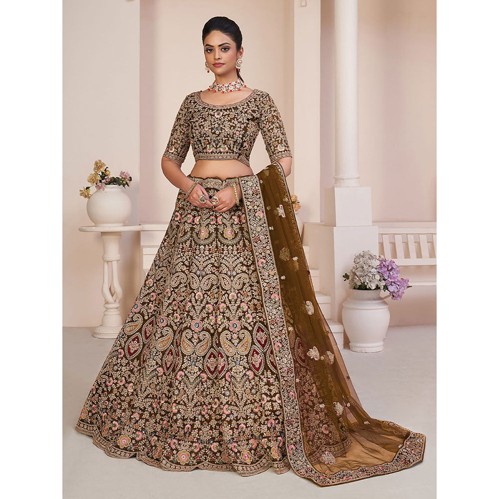 Odette Brown Organza Net Embroidered Semi Stitched Lehenga with Unstitched Blouse (Set of 3)