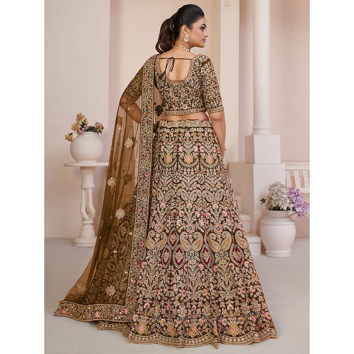 Odette Brown Organza Net Embroidered Semi Stitched Lehenga with Unstitched Blouse (Set of 3)