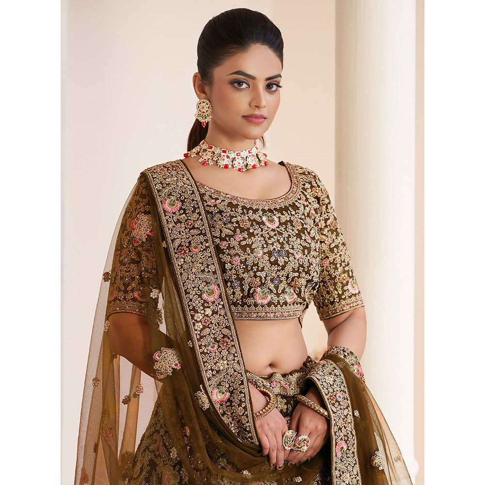 Odette Brown Organza Net Embroidered Semi Stitched Lehenga with Unstitched Blouse (Set of 3)