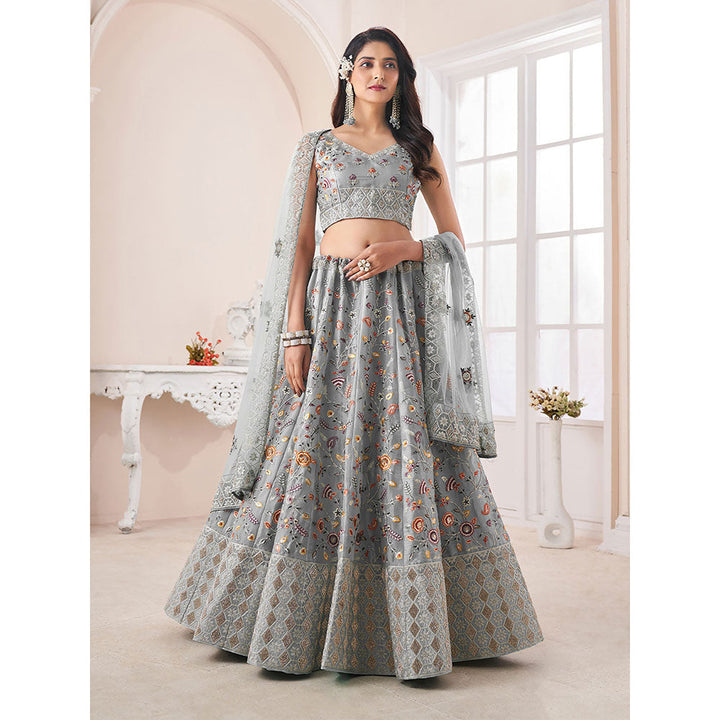 Odette Grey Jimmy Chu Embroidered Semi Stitched Lehenga with Unstitched Blouse (Set of 3)