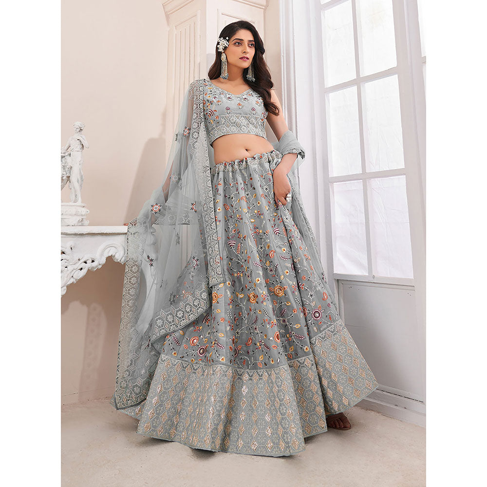 Odette Grey Jimmy Chu Embroidered Semi Stitched Lehenga with Unstitched Blouse (Set of 3)