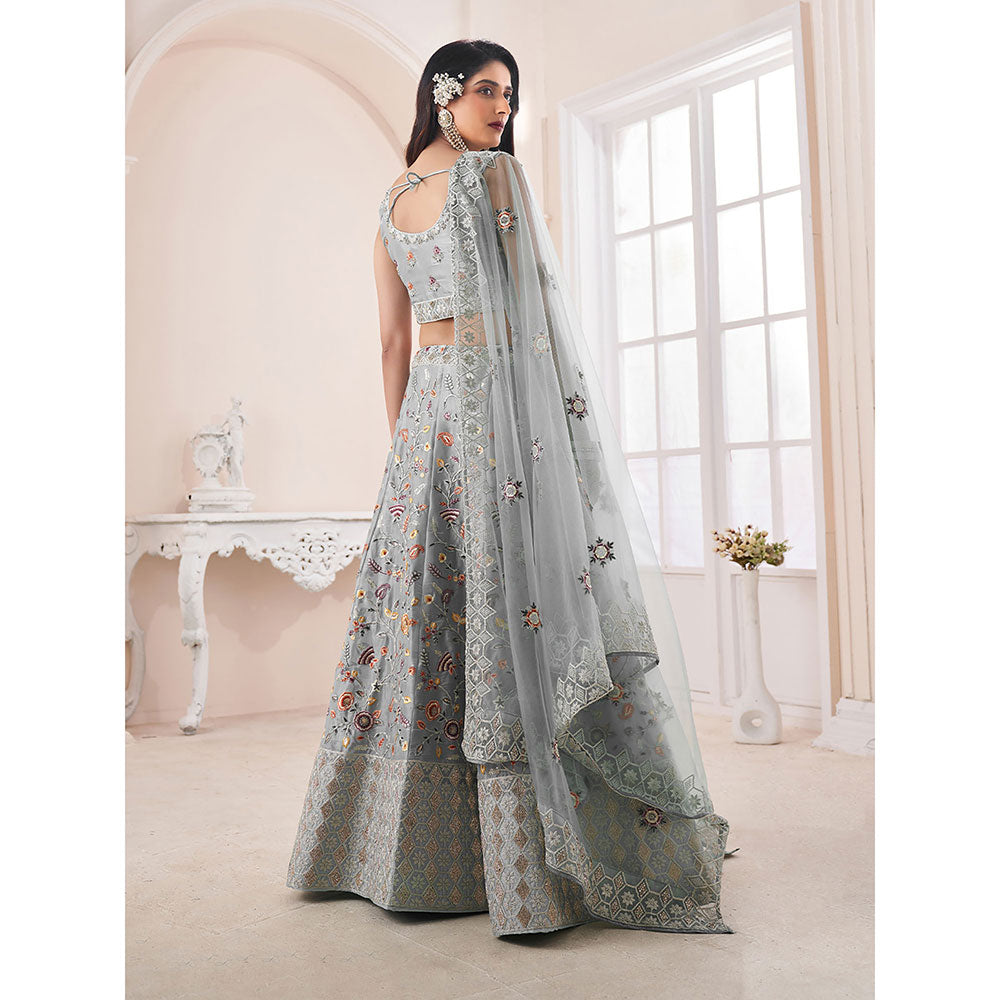 Odette Grey Jimmy Chu Embroidered Semi Stitched Lehenga with Unstitched Blouse (Set of 3)