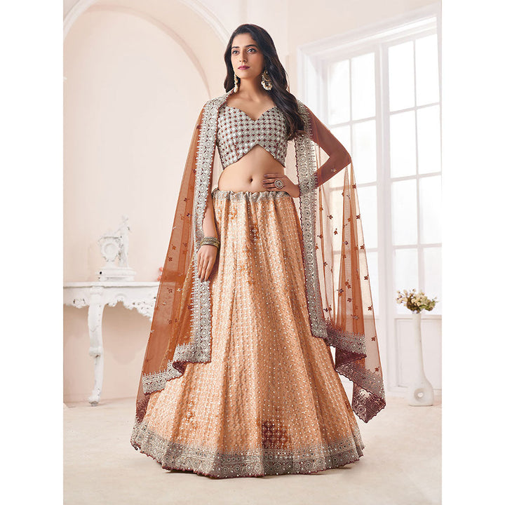 Odette Light Brown Shibori Crepe Embroidered Semi Stitched Lehenga with Unstitched Blouse (Set of 3)