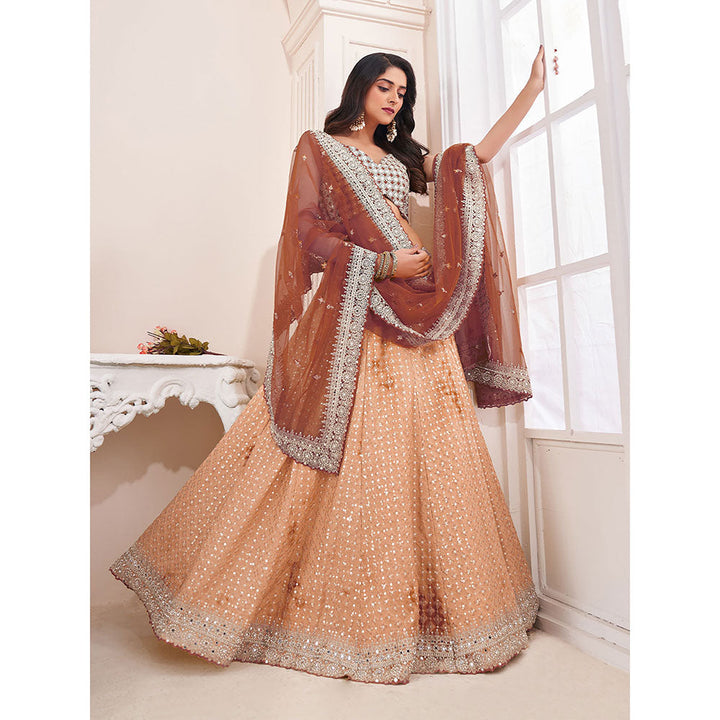 Odette Light Brown Shibori Crepe Embroidered Semi Stitched Lehenga with Unstitched Blouse (Set of 3)