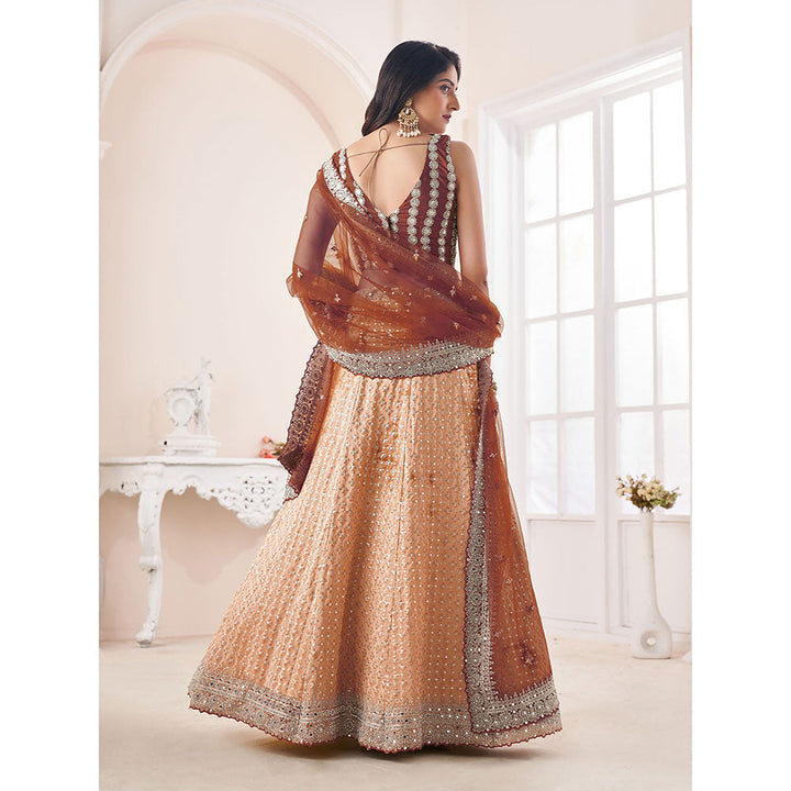 Odette Light Brown Shibori Crepe Embroidered Semi Stitched Lehenga with Unstitched Blouse (Set of 3)