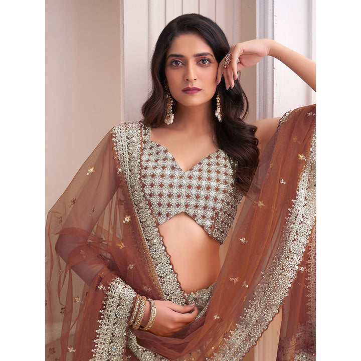 Odette Light Brown Shibori Crepe Embroidered Semi Stitched Lehenga with Unstitched Blouse (Set of 3)