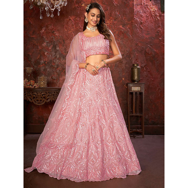 Odette Pink Net Embellished Semi Stitched Lehenga with Unstitched Blouse (Set of 3)