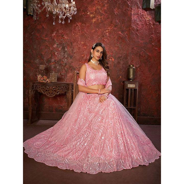 Odette Pink Net Embellished Semi Stitched Lehenga with Unstitched Blouse (Set of 3)