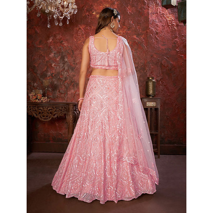 Odette Pink Net Embellished Semi Stitched Lehenga with Unstitched Blouse (Set of 3)