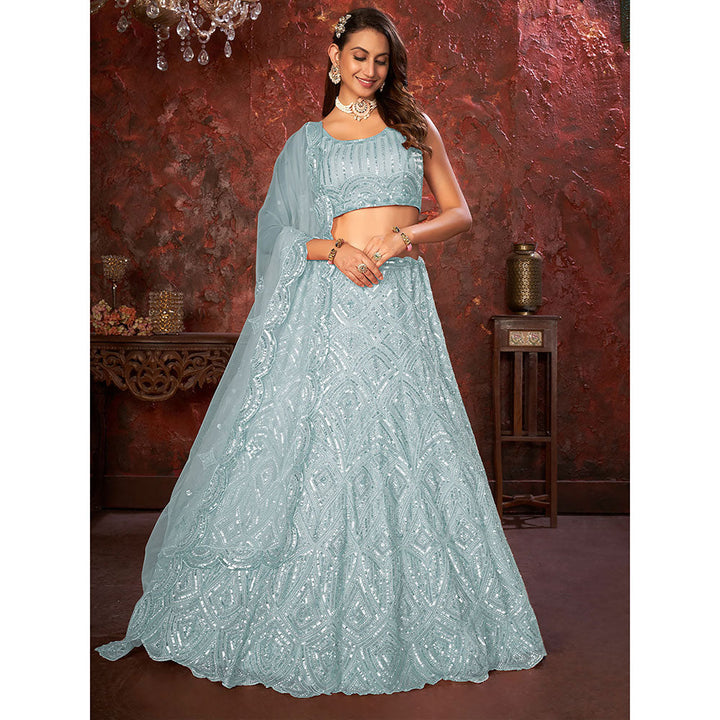 Odette Sky Blue Net Embellished Semi Stitched Lehenga with Unstitched Blouse (Set of 3)