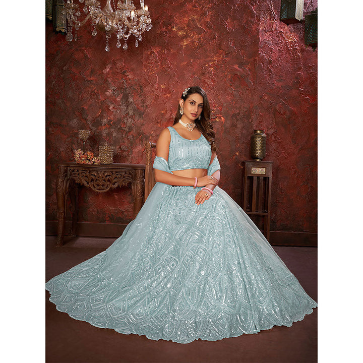 Odette Sky Blue Net Embellished Semi Stitched Lehenga with Unstitched Blouse (Set of 3)